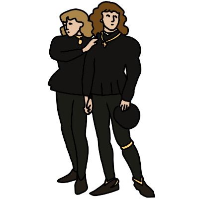 the children Edward V of England and his younger brother Richard, based on the Millais painting of them. They are wearing black clothes with gold accessories and are holding hands.